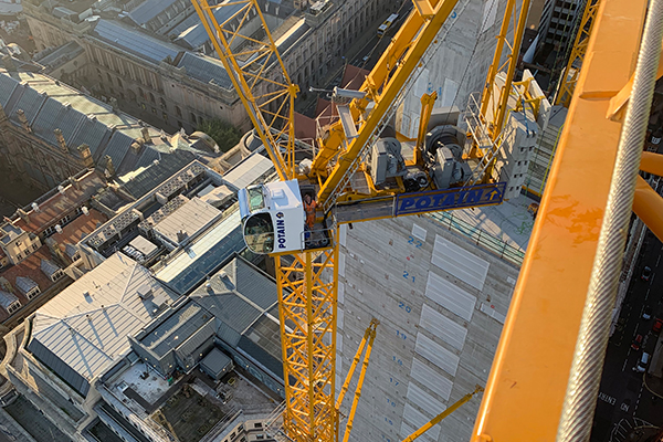 Two Potain MR 295 luffing jib cranes are helping build one of the largest office towers in Birmingham, England.