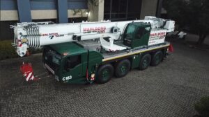 An aerial shot of Tadano's all-terrain crane, the AC 4.080-1 with the boom down.