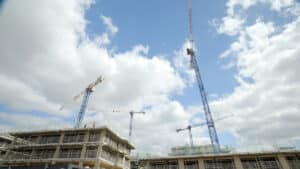 Four Raimondi tower cranes work on The Green Quarter site in London, UK.