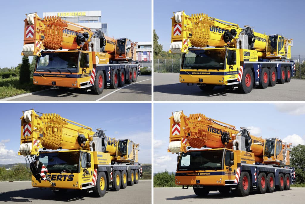 four Liebherr mobile cranes are lined up for a photo shot.